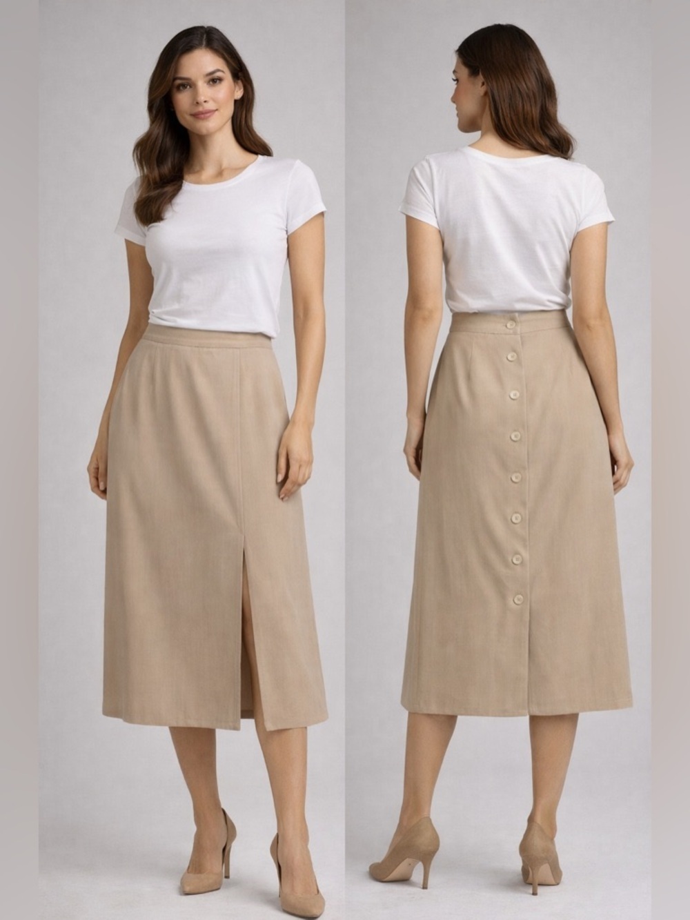 Chloé Beige A-Line Midi Skirt Button Back High Waist Size 42